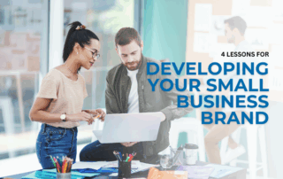 a woman and man looking at their laptop with words: 4 lessons for developing your small business brand