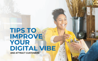 Young woman in retail serving a customer with words: Tips to improve your Digital vibe