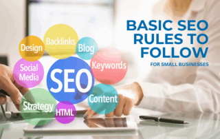 image of a woman pointing to a tablet with words "Basic SEO Rules to Follow for Small Business" with a colorful word bubble that contains words related to SEO like "keywords", "Backlinks", etc.