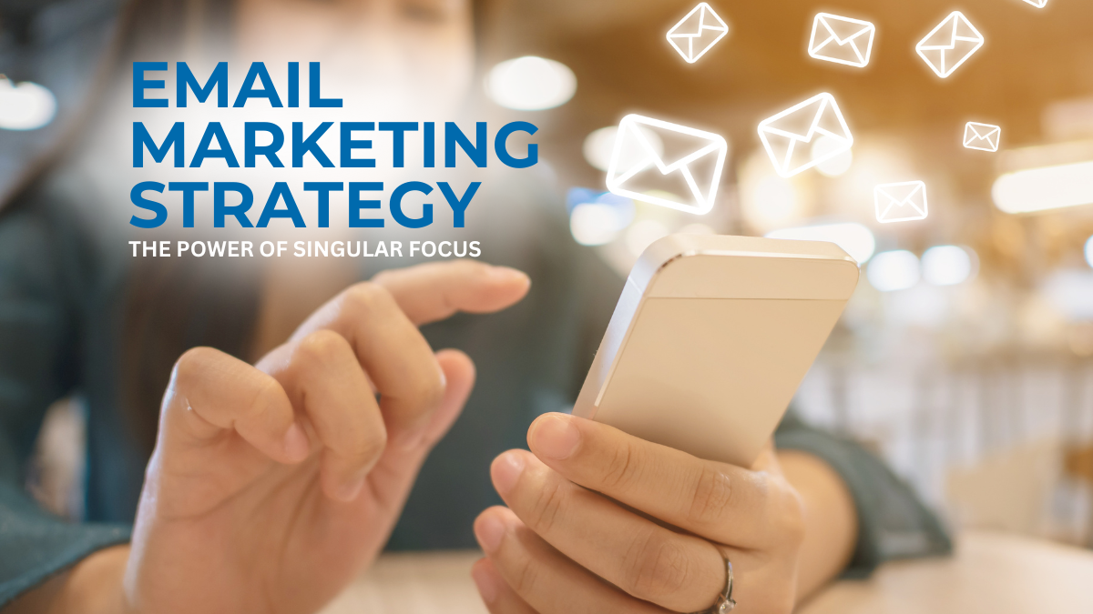 email marketing strategy abstract image of a person checking email on their phone with words: Email Marketing Strategy - the Power of Singular Focus